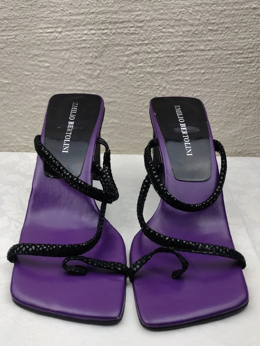 Emilio Bertolini Purple Leather Texture Strappy Square Toe Sculpt Heel Sandal